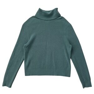 Aritzia Wilfred Free Teal Blue Wool Cotton Ribbed Knit Turtleneck Sweater SZ L